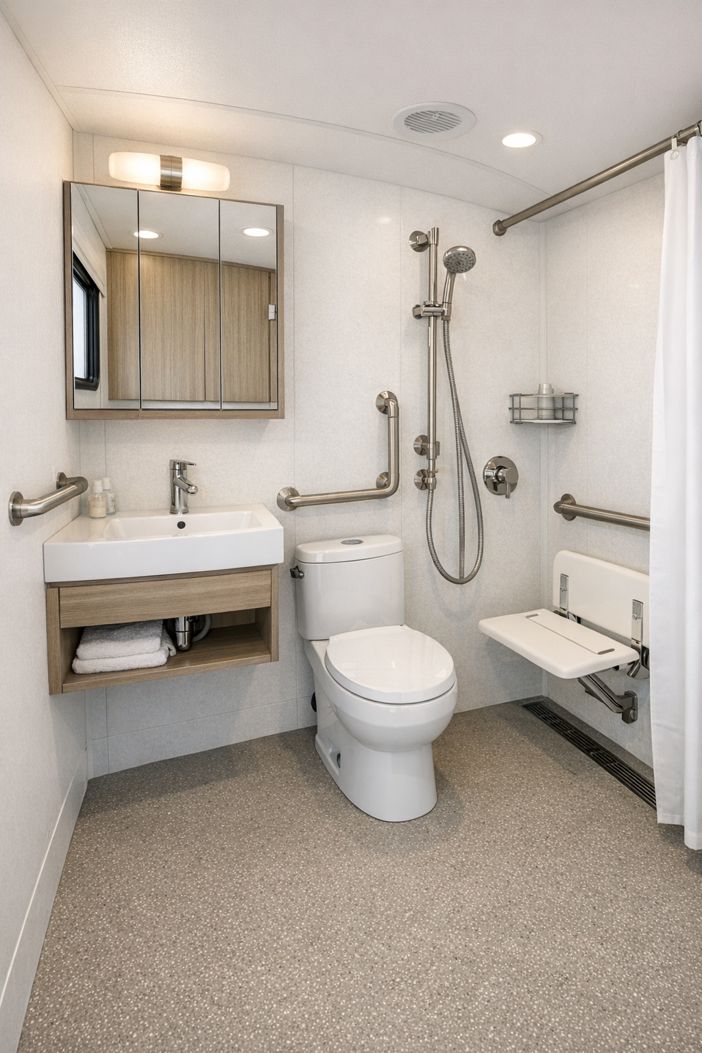Accessible RV bathroom with curbless shower and floating vanity