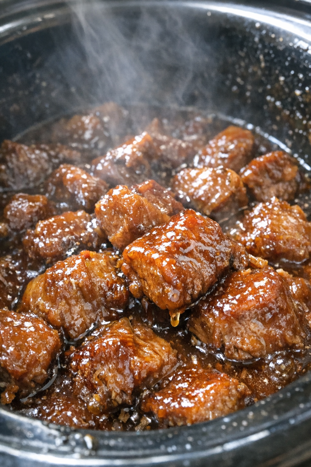 Tender protein chunks in dark amber sauce in a slow cooker