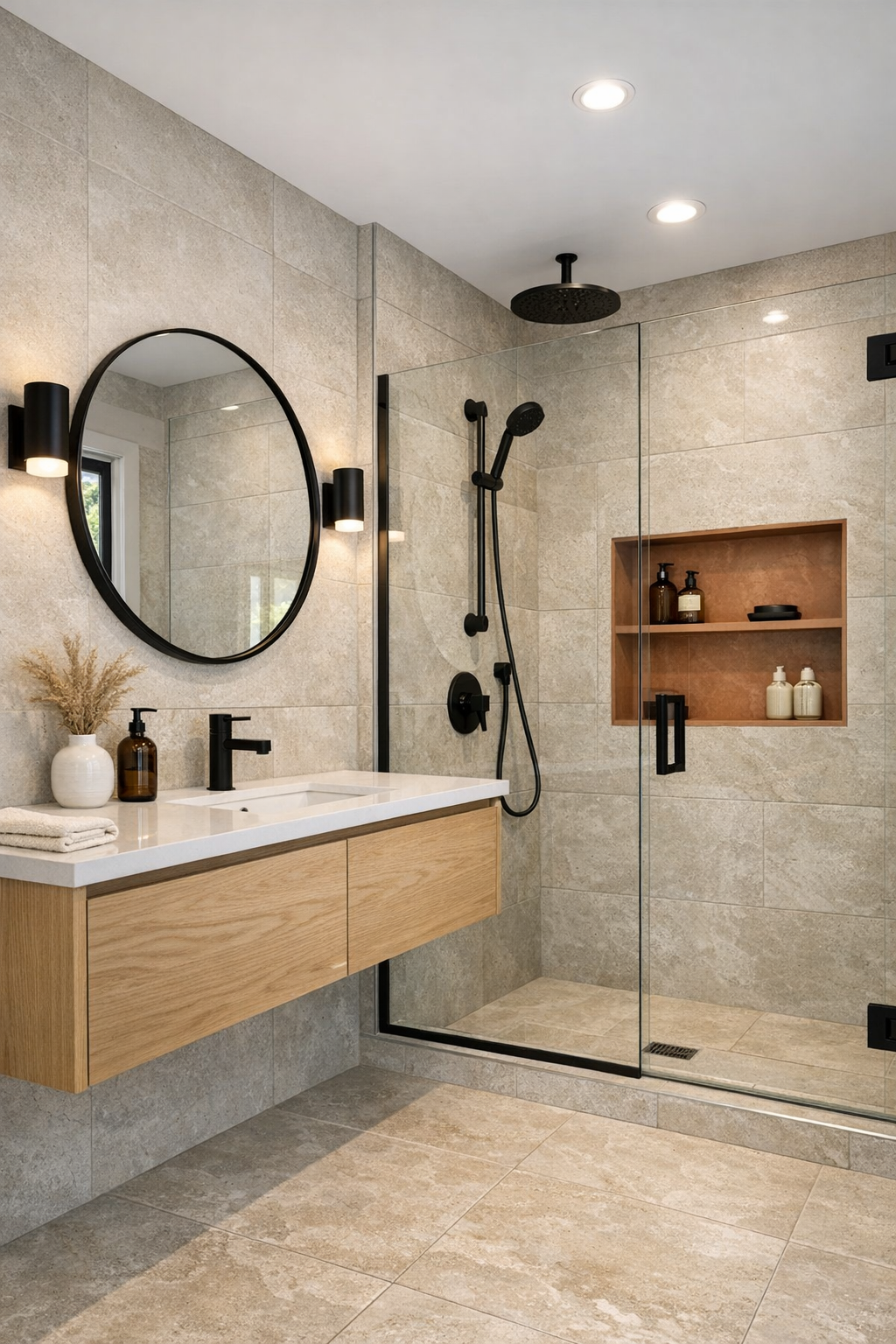 Bathroom with limestone-look tile, floating oak vanity, round mirror, and black fixtures