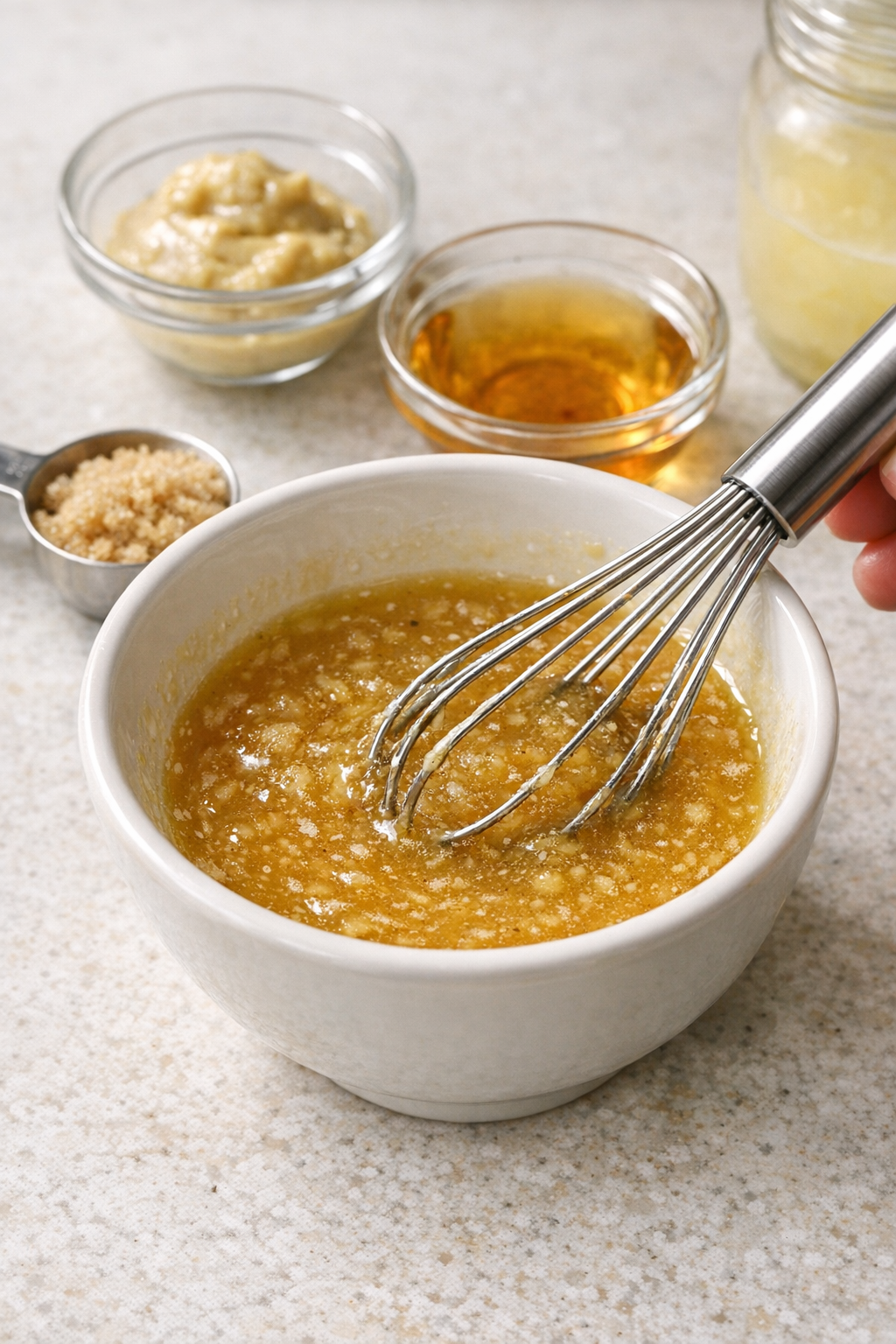 Sauce being whisked in a bowl