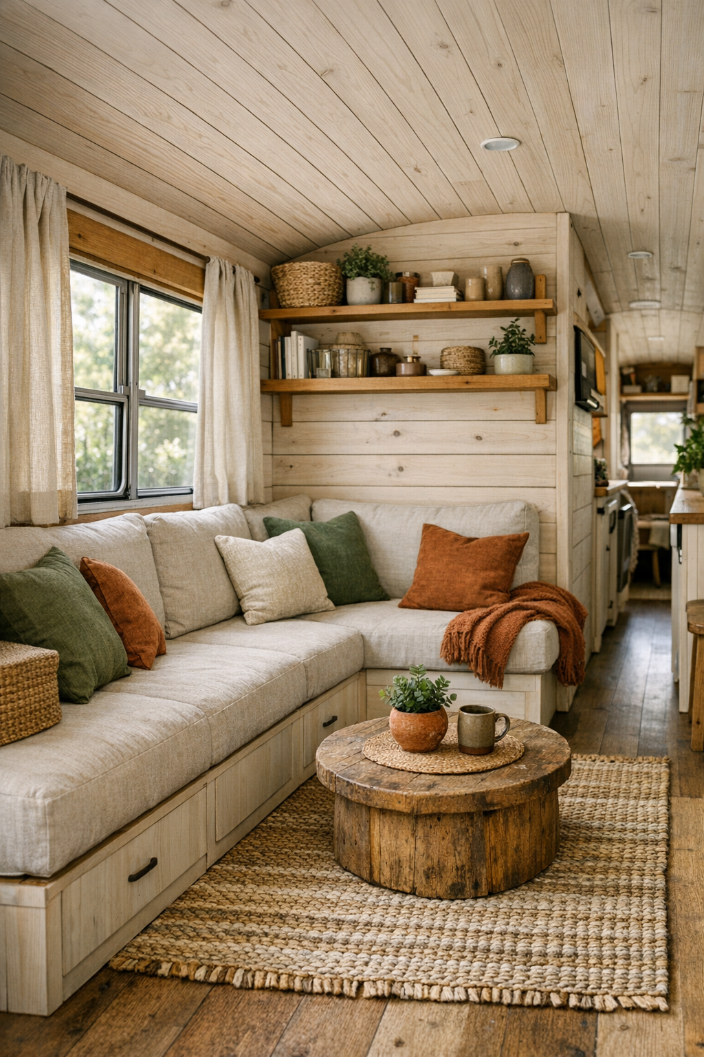 Living room with built-in bench sofa, pale wood walls, and warm natural light inside a converted bus