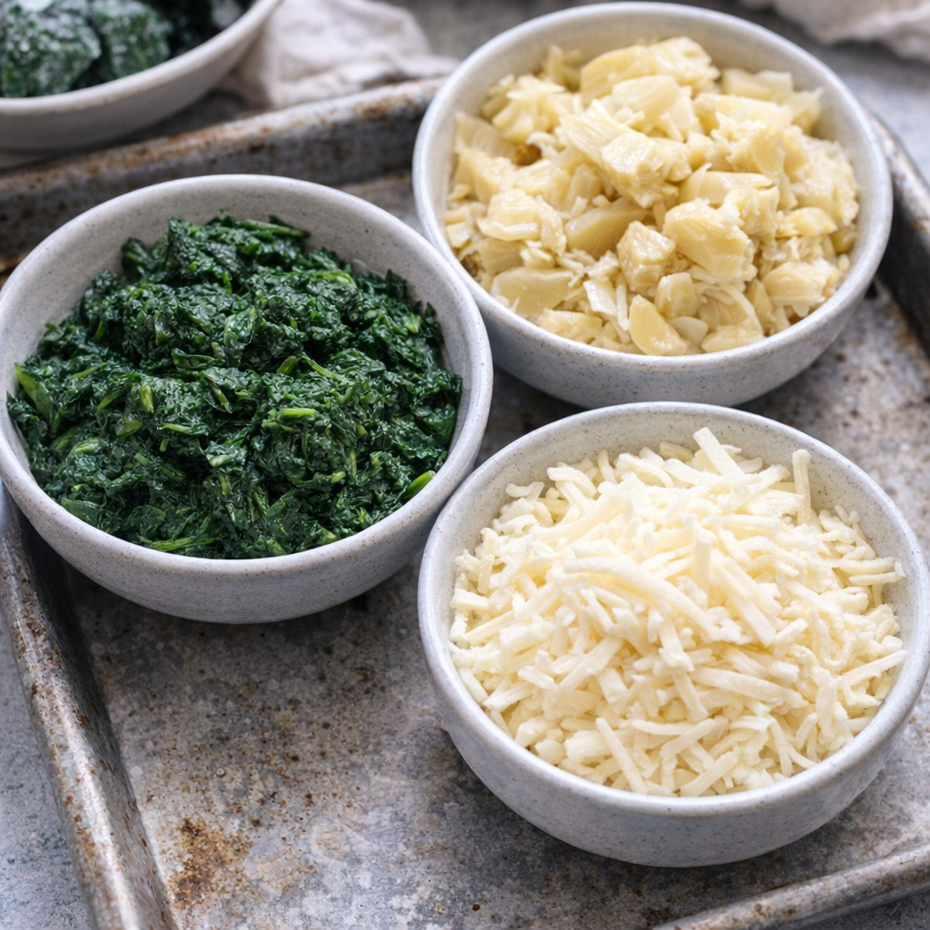 Three main ingredients arranged in prep bowls