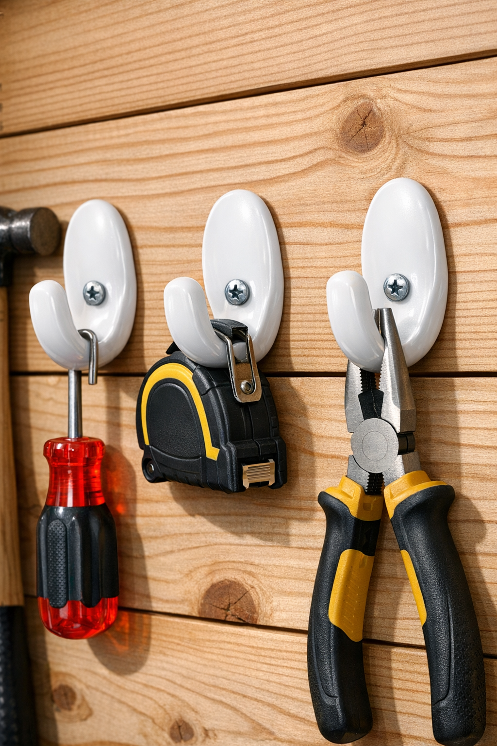 Finished homemade tool hooks mounted on a wall holding hand tools