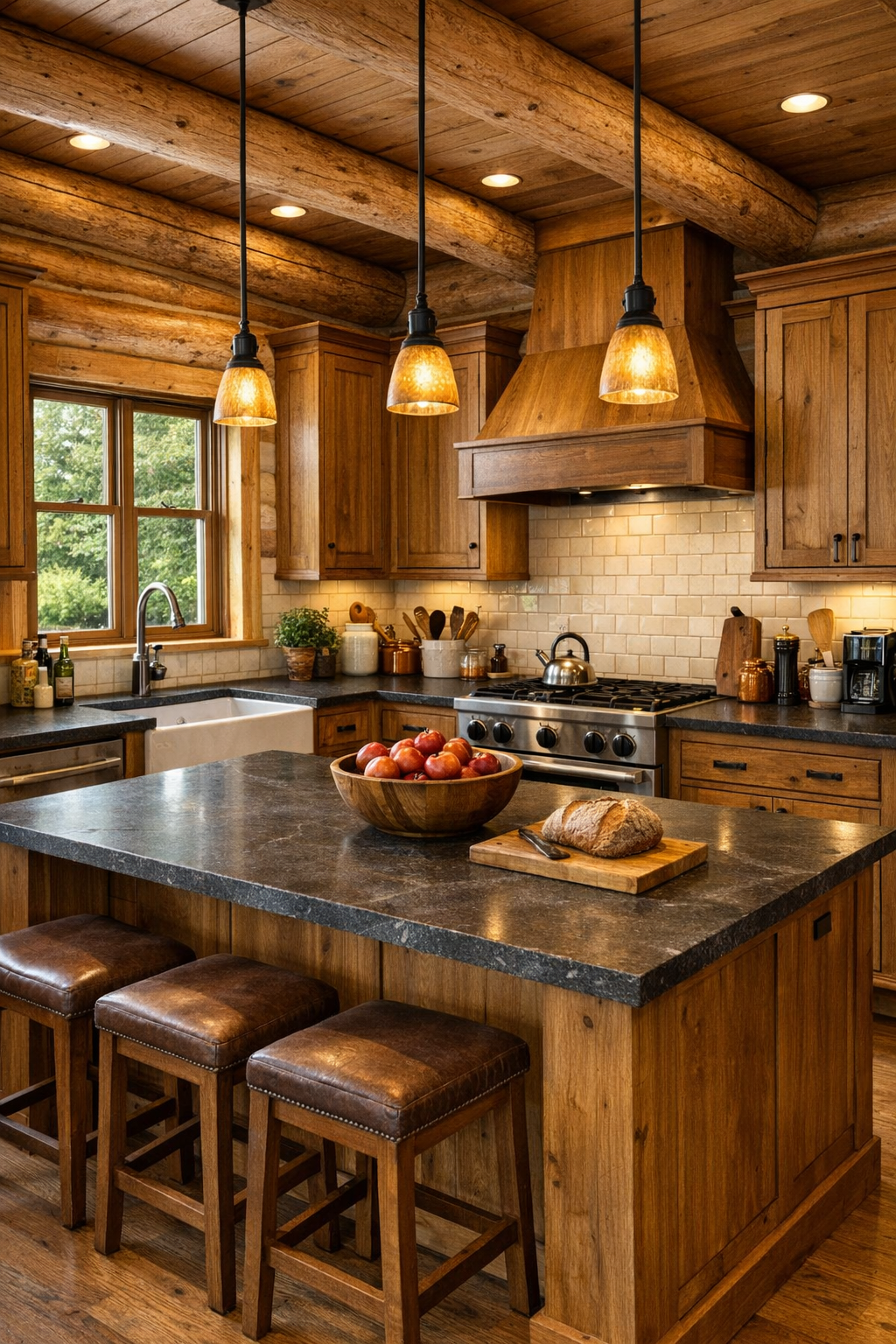 Craftsman kitchen with handcrafted cabinets, island, and warm rustic finishes