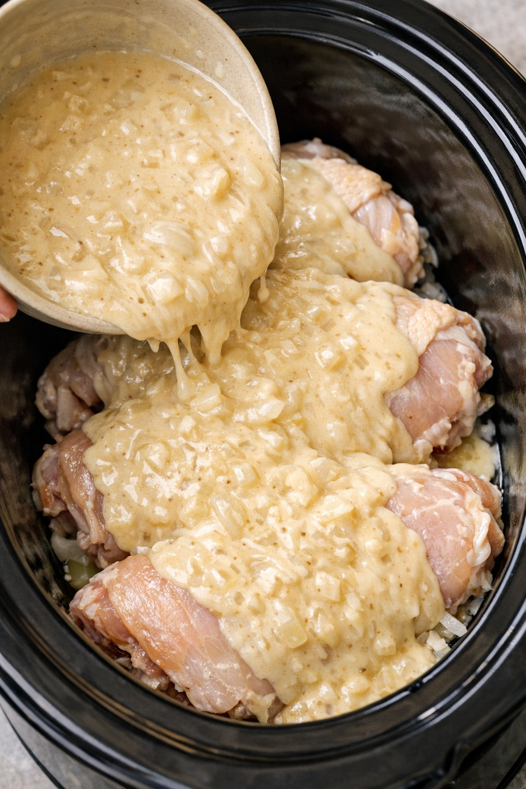 Soup mixture being poured over chicken in the slow cooker