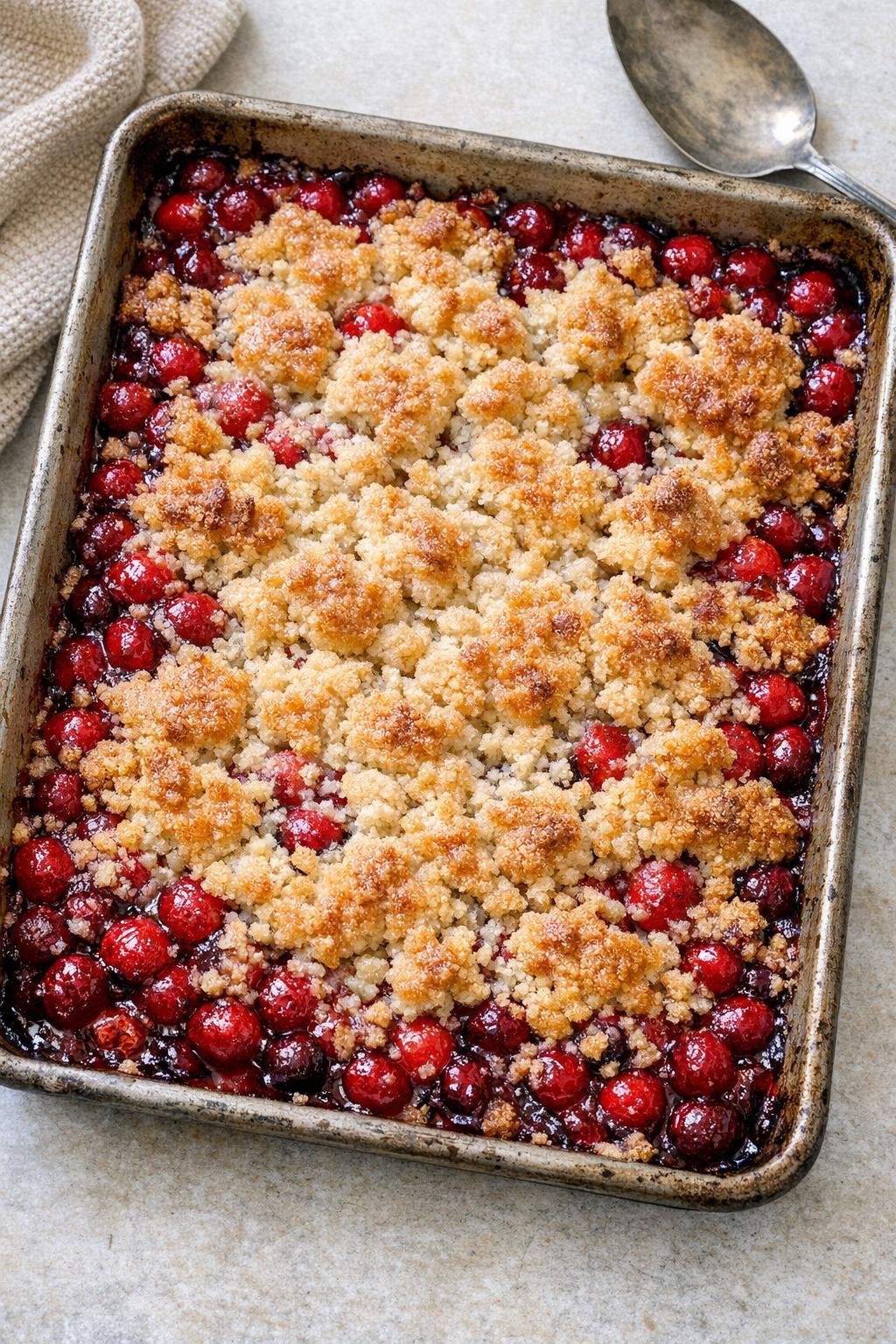 Finished baked cranberry dessert in a sheet pan