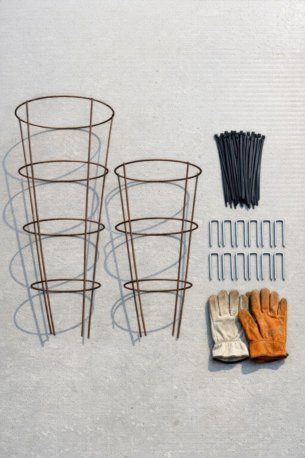 Materials for a tomato cage critter fence laid out together