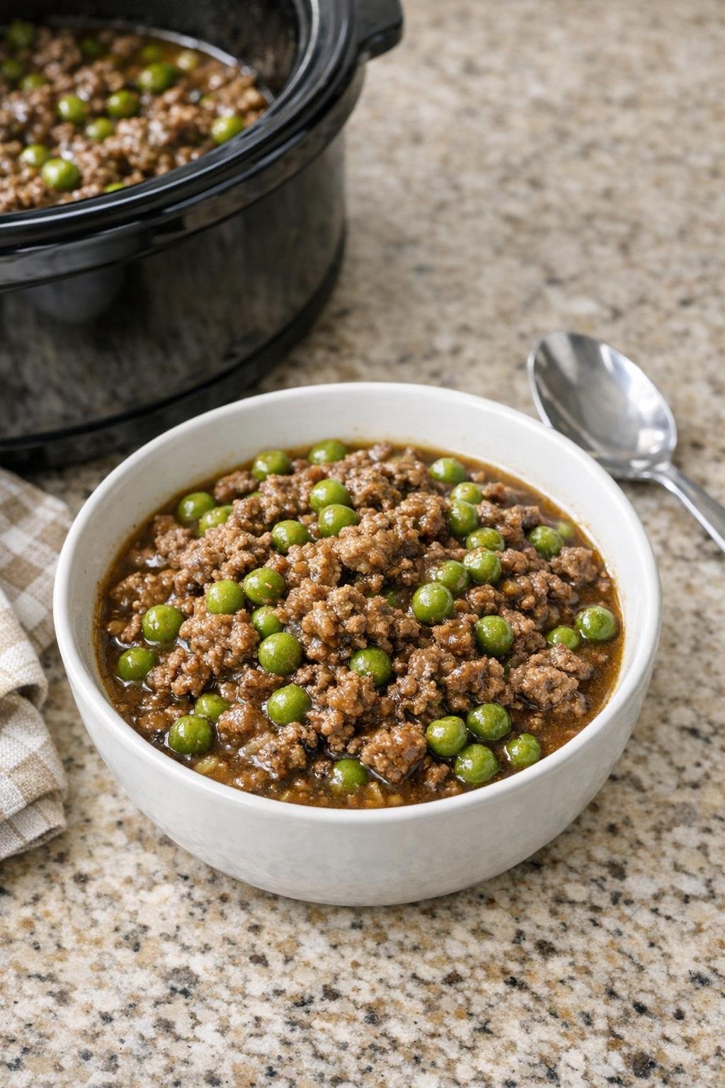 Finished slow cooker beef and peas in a serving bowl