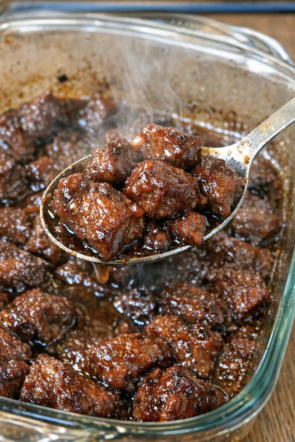 Tender glazed beef in a glass baking dish