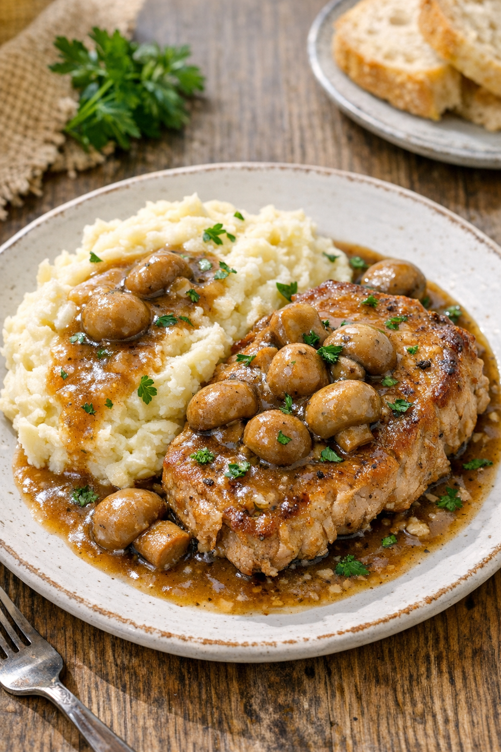 Plated mushroom pork with mashed potatoes