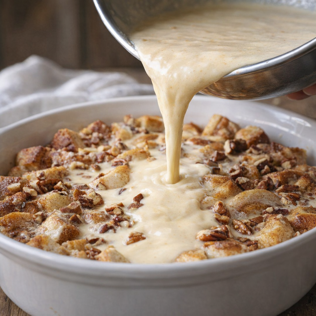 Egg and cream mixture being poured over cinnamon rolls