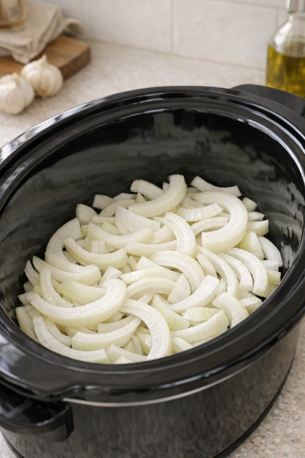 Sliced onion layered in the bottom of a slow cooker