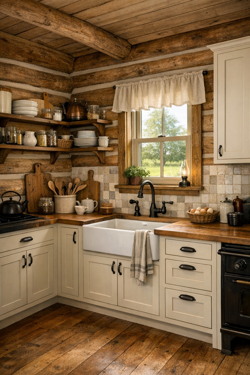 Handcrafted tiny cabin kitchen with warm white cabinets and wood counters