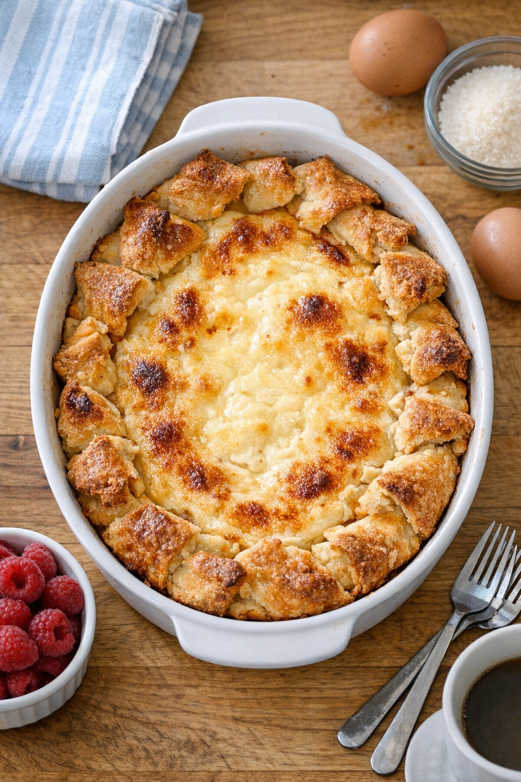 Baked cheesecake-style dessert in a casserole dish