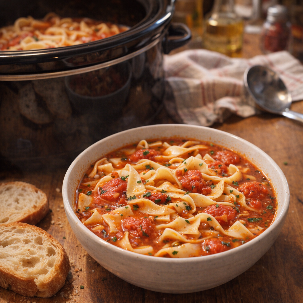 Slow cooker tomato noodle soup served with bread