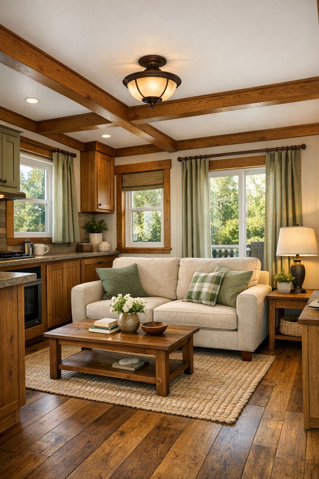 Cozy Craftsman-style living room with sage accents, warm wood floors, and soft natural light