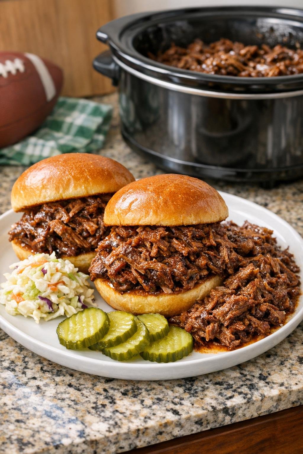 Finished plated shredded brisket sandwiches with sides
