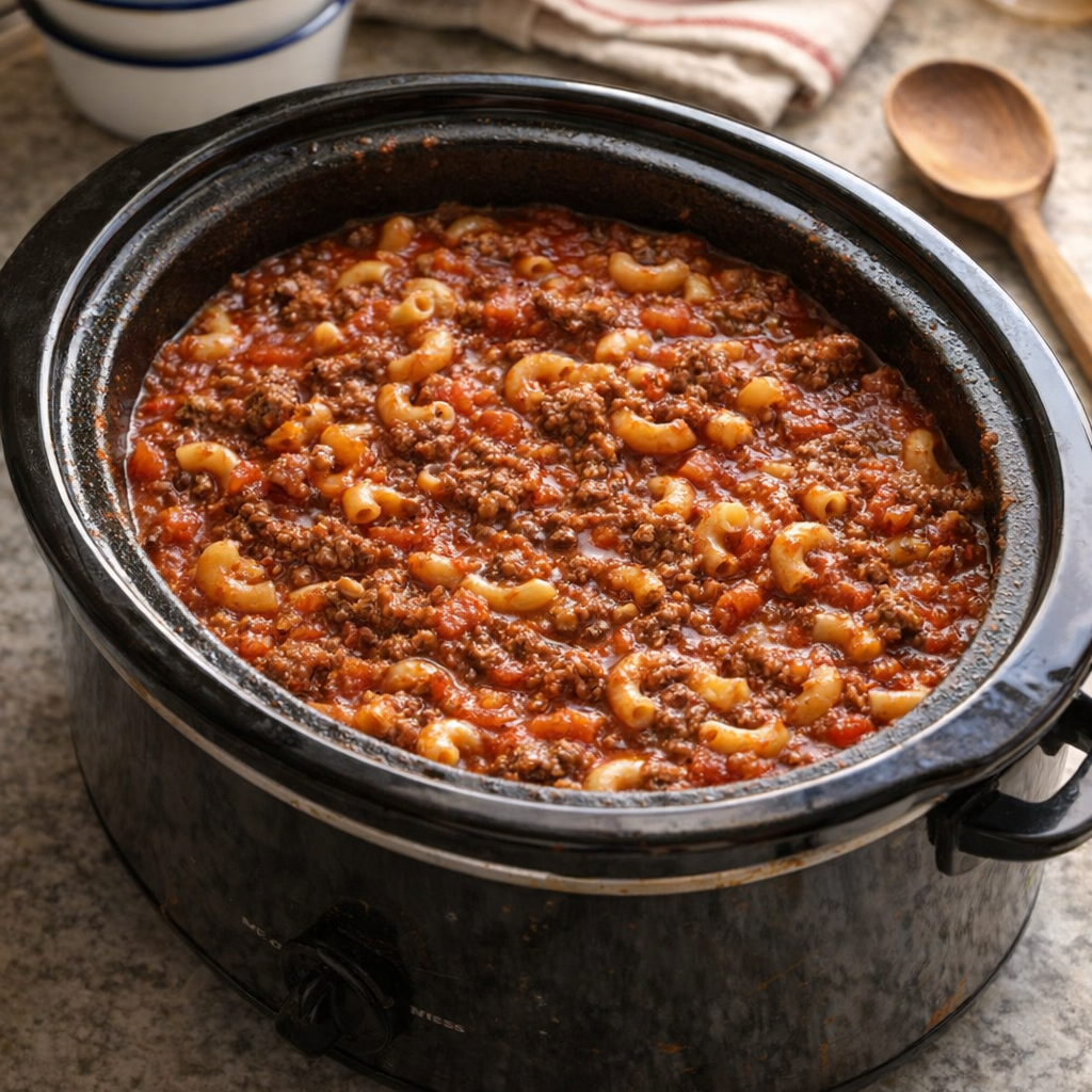 Slow cooker Amish goulash in a rustic kitchen