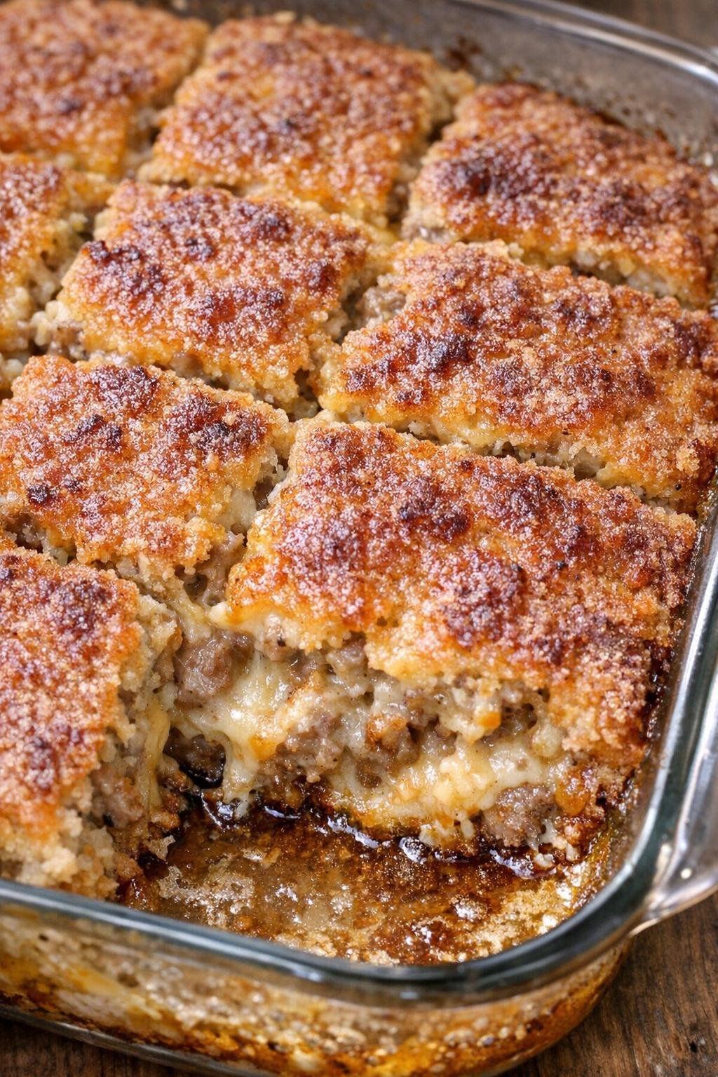 Southern 3-ingredient savory sausage squares baked in a glass casserole dish