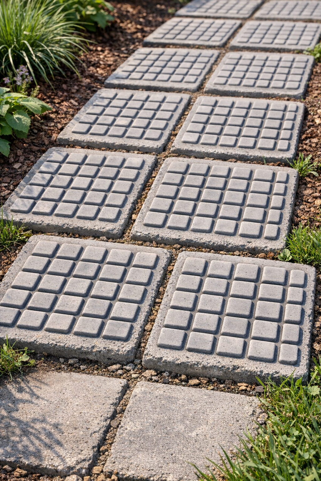 Finished heavy grid-pattern cement yard tiles placed in a garden