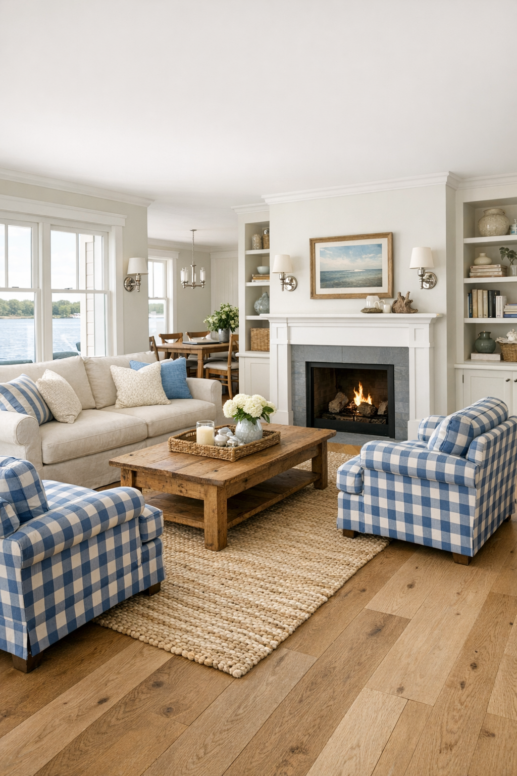 Bright colonial coastal living room with slipcovered seating and blue accents