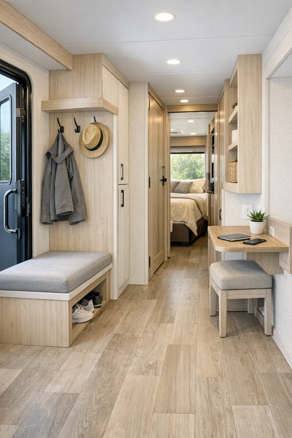 Accessible RV hallway and entry area with built-in storage, light finishes, and smooth transitions