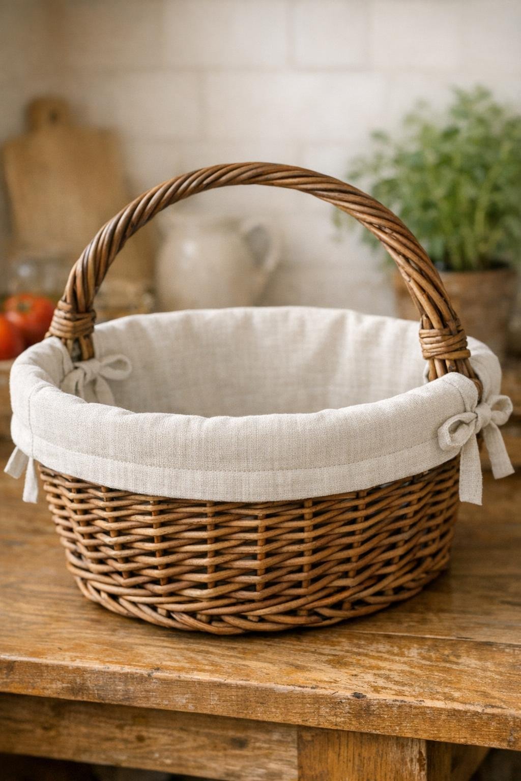 Finished linen harvest basket liner fitted inside a harvest basket