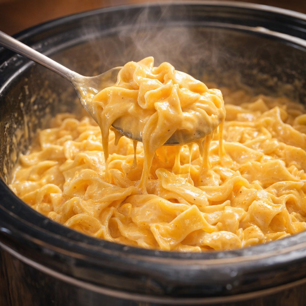 Finished cheese noodles being stirred