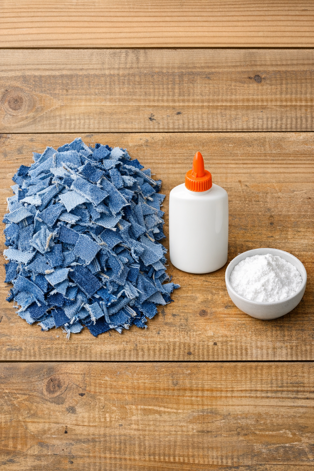 Shredded blue denim, white glue, and baking soda laid out for the project