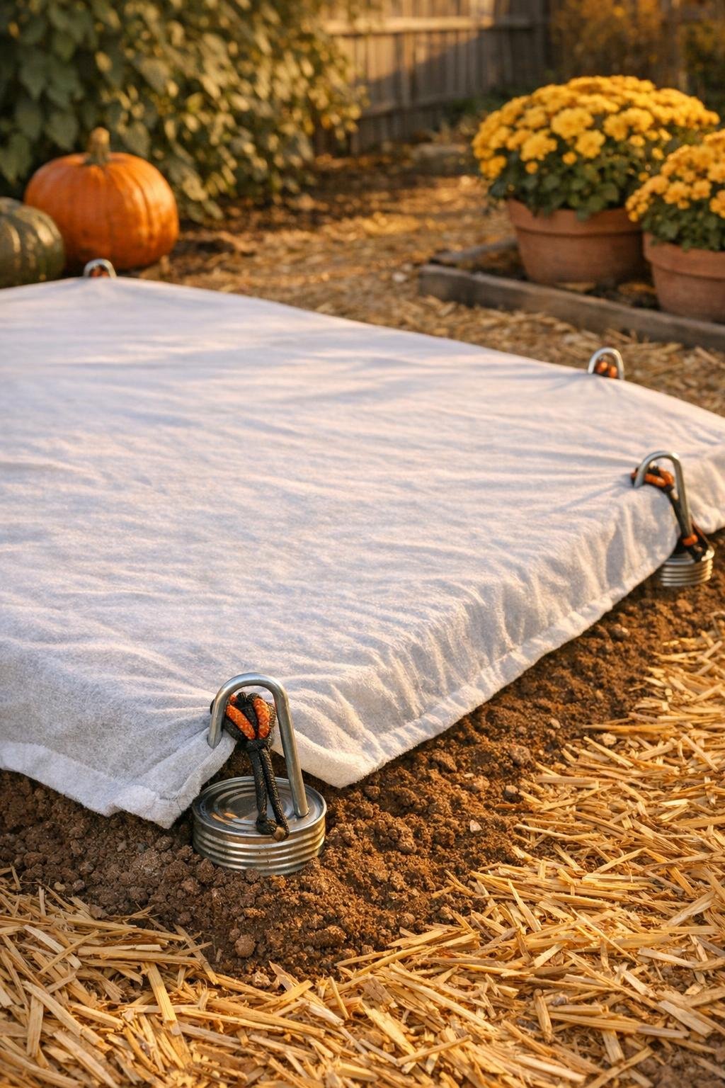 Completed DIY fall garden bed sheet anchor system in use