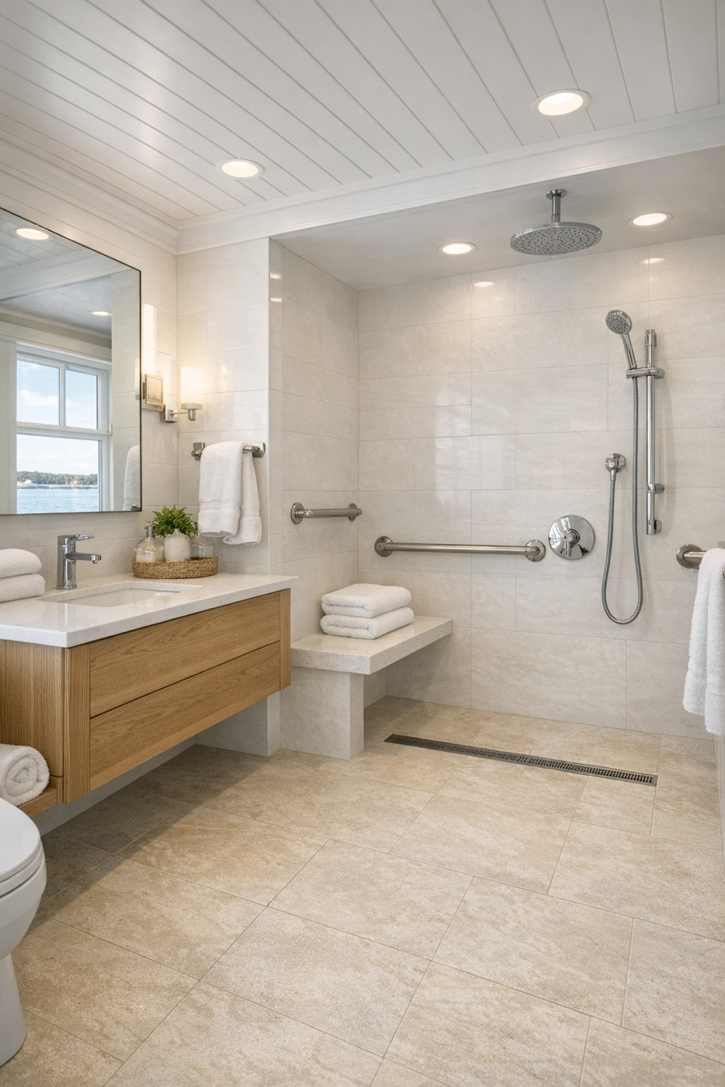 Elegant accessible bathroom with a curbless shower, pale stone-look tile, and white oak vanity