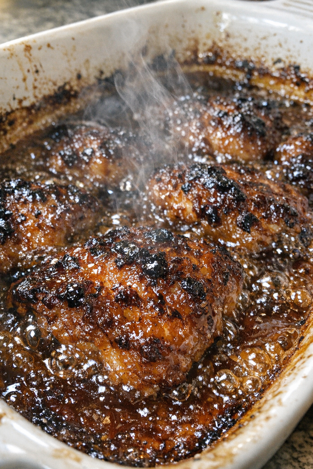 Bubbling caramelized protein in a ceramic baking dish