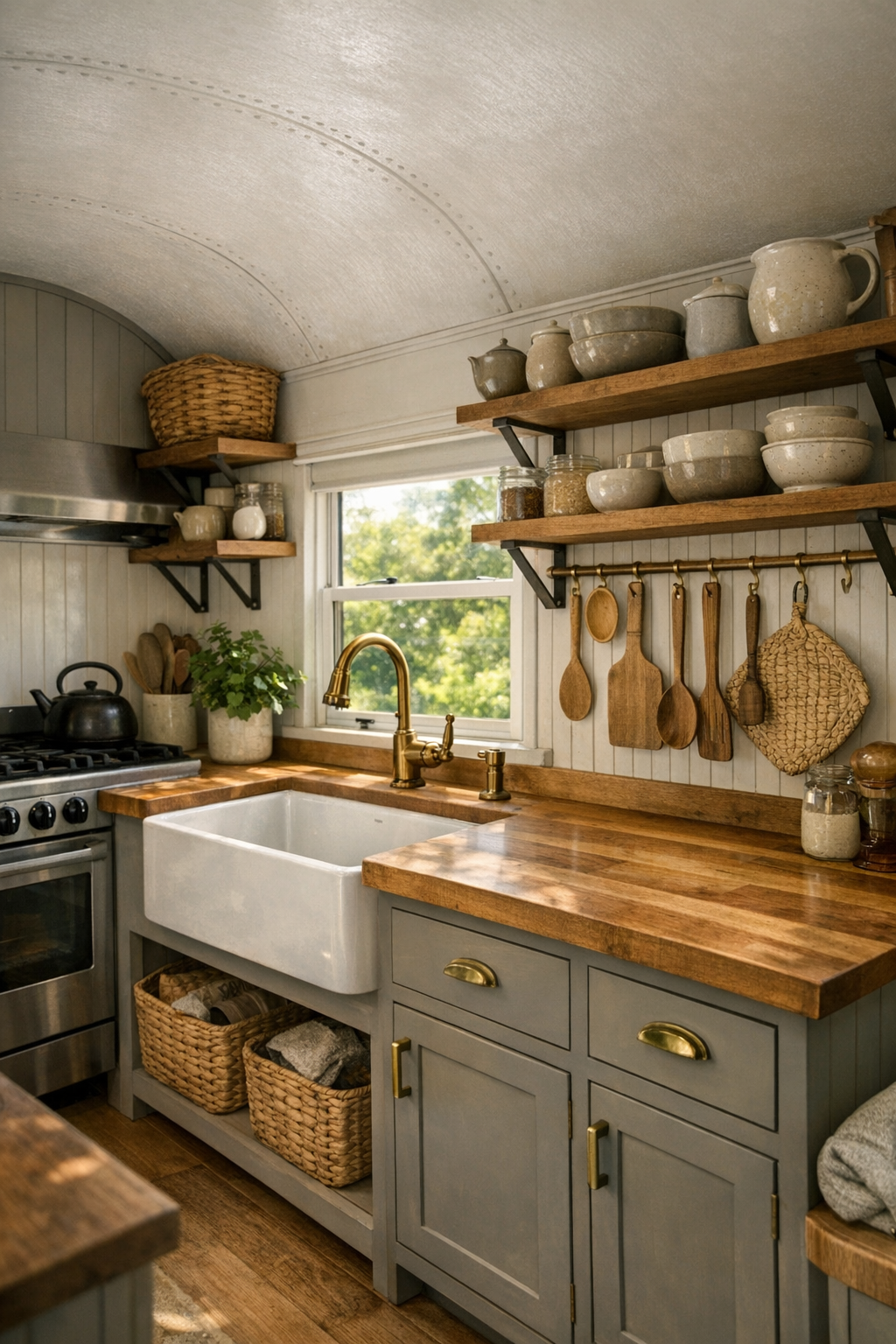 Rustic off-grid bus kitchen with mushroom-gray cabinets and butcher block counters