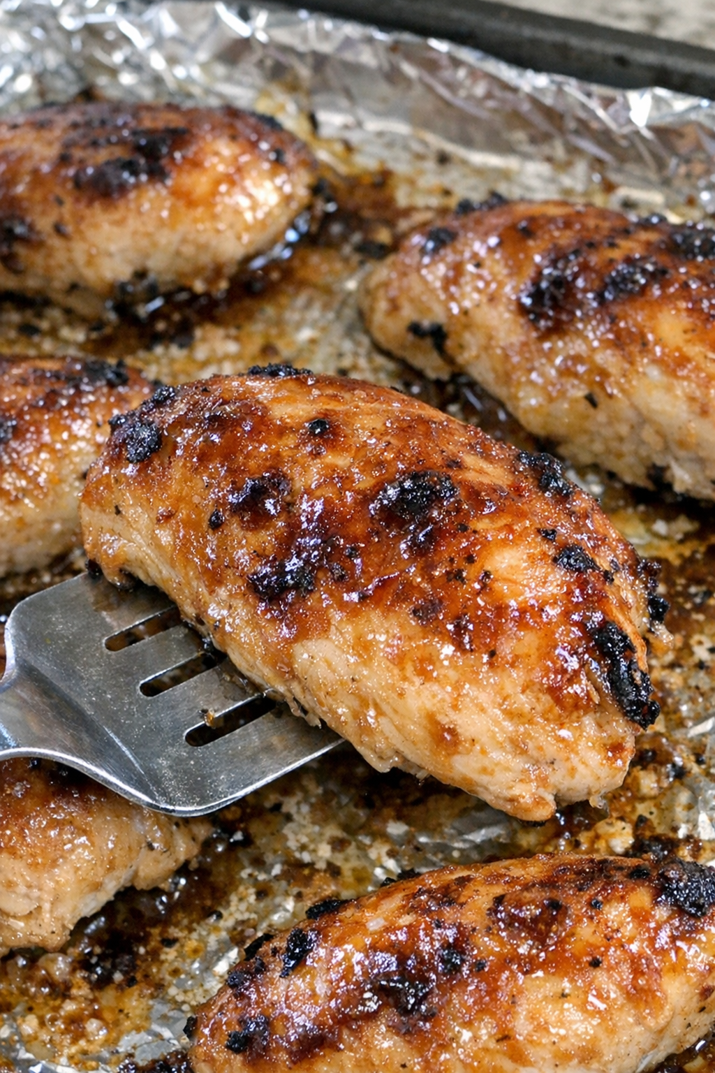 Baked chicken breasts with glossy sauce on a foil-lined baking sheet