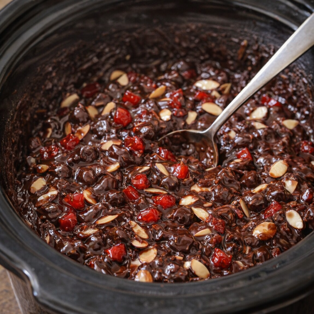 Chocolate mixture with cherries and almonds in the slow cooker