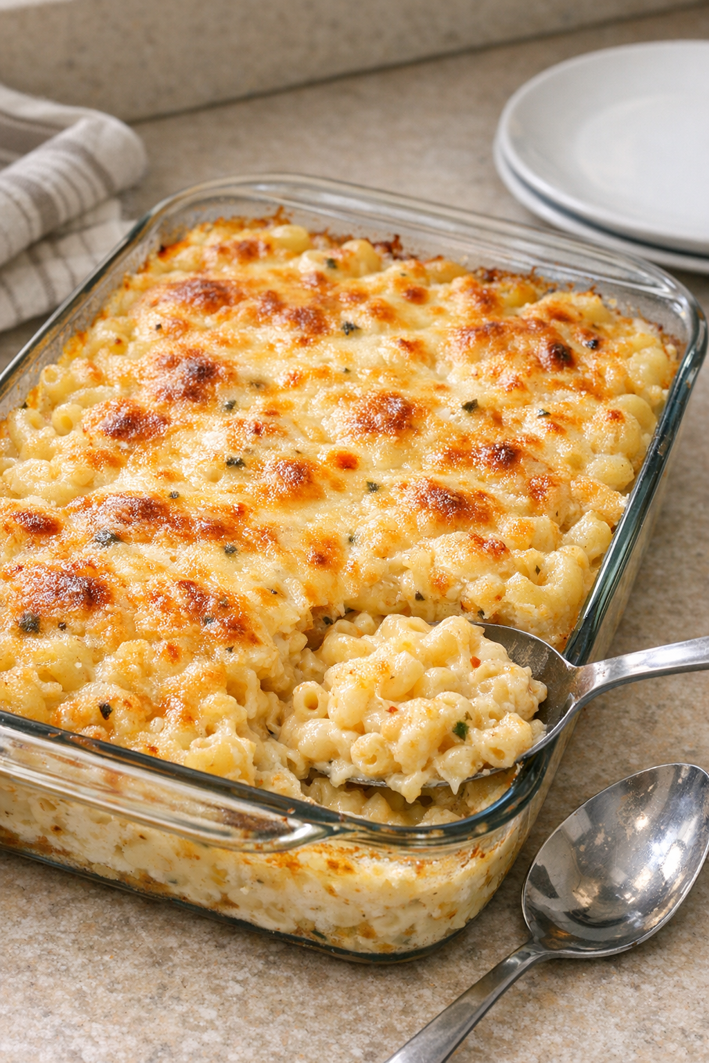 Finished baked pepper jack cheese macaroni in a casserole dish