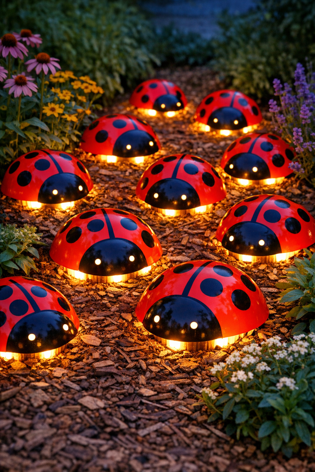 Finished glowing backyard ladybugs made from painted bowls over solar lights