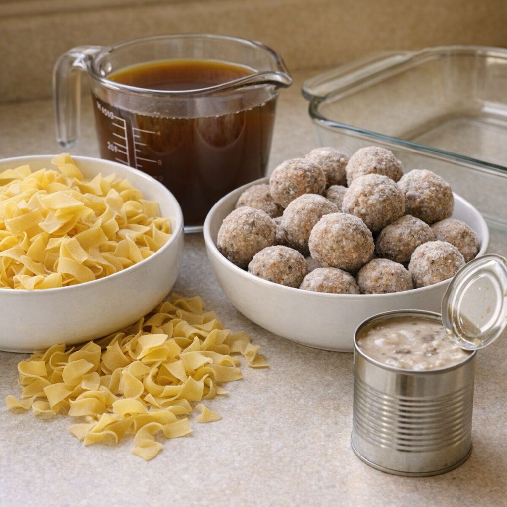 Simple ingredients for meatball stew arranged on a countertop