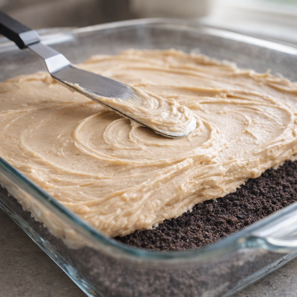 Peanut butter cream layer spread over chocolate cookie crust