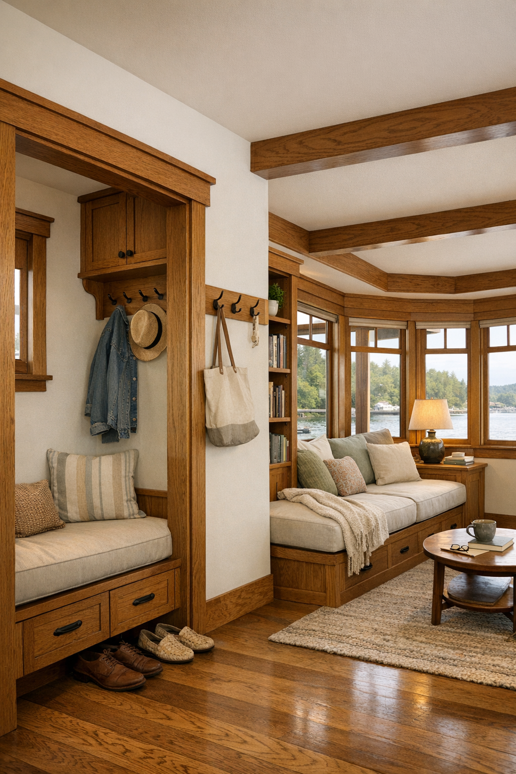 Craftsman entry nook and reading corner with built-in bench and daybed