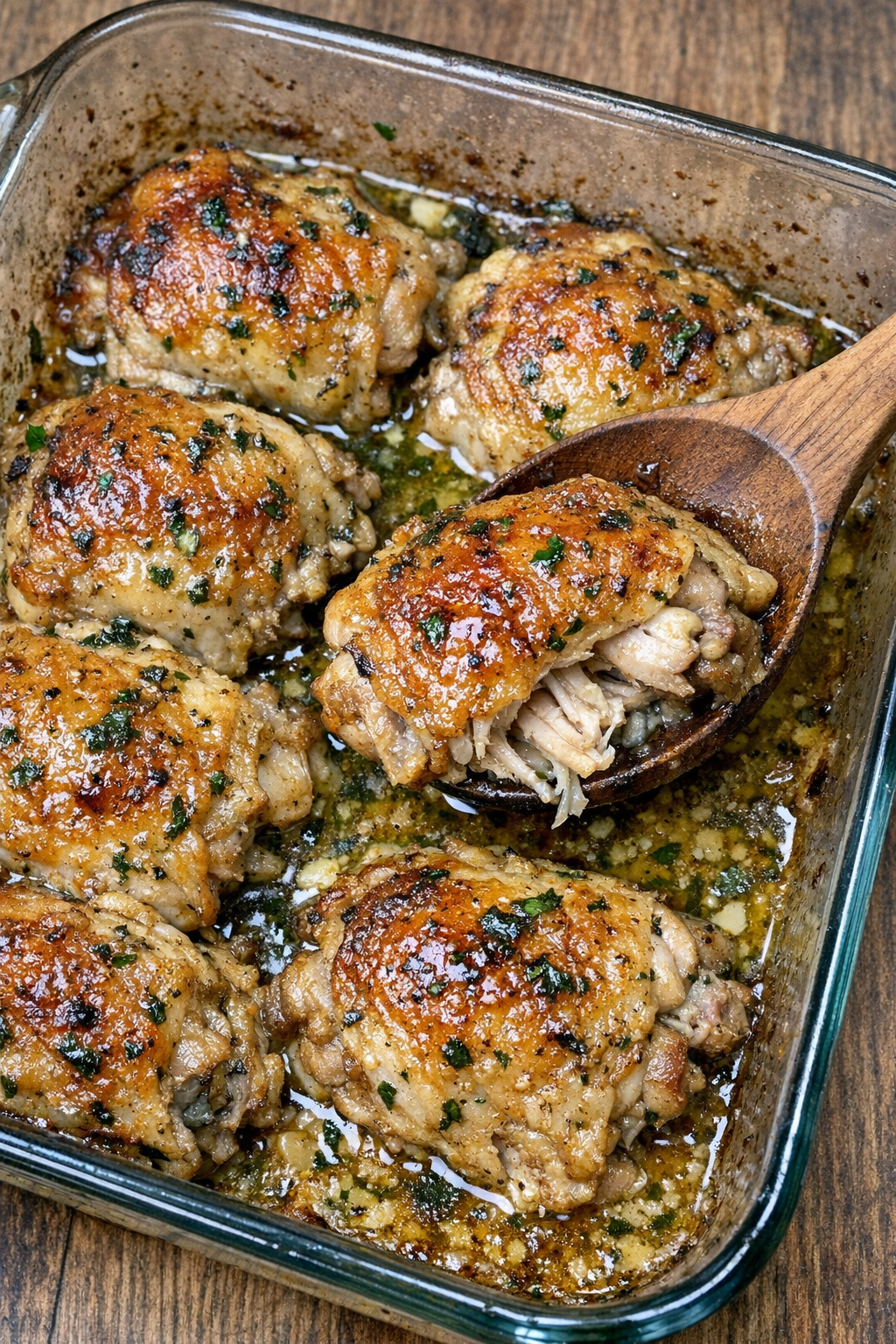 Oven baked chicken thighs with herb butter glaze in a rectangular baking dish