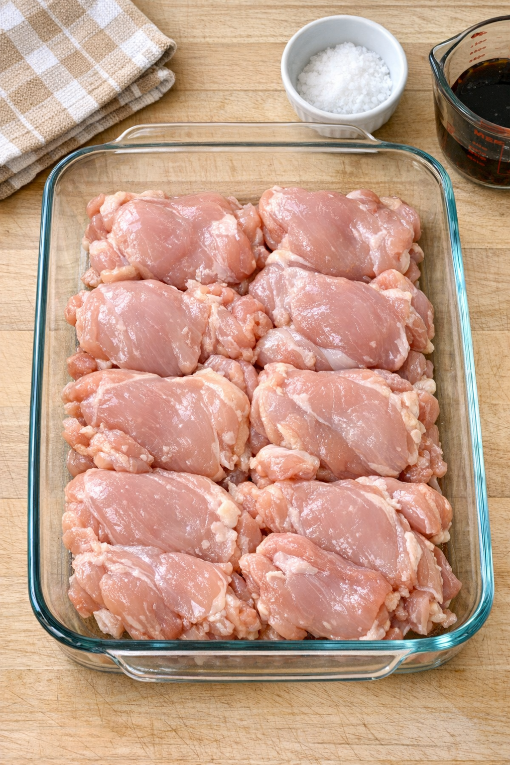 Chicken thighs arranged in baking dish