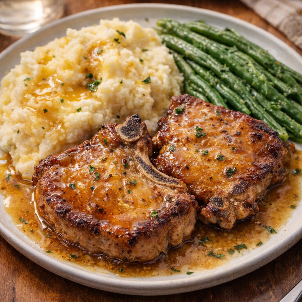 Slow cooker honey butter pork chops served with mashed potatoes