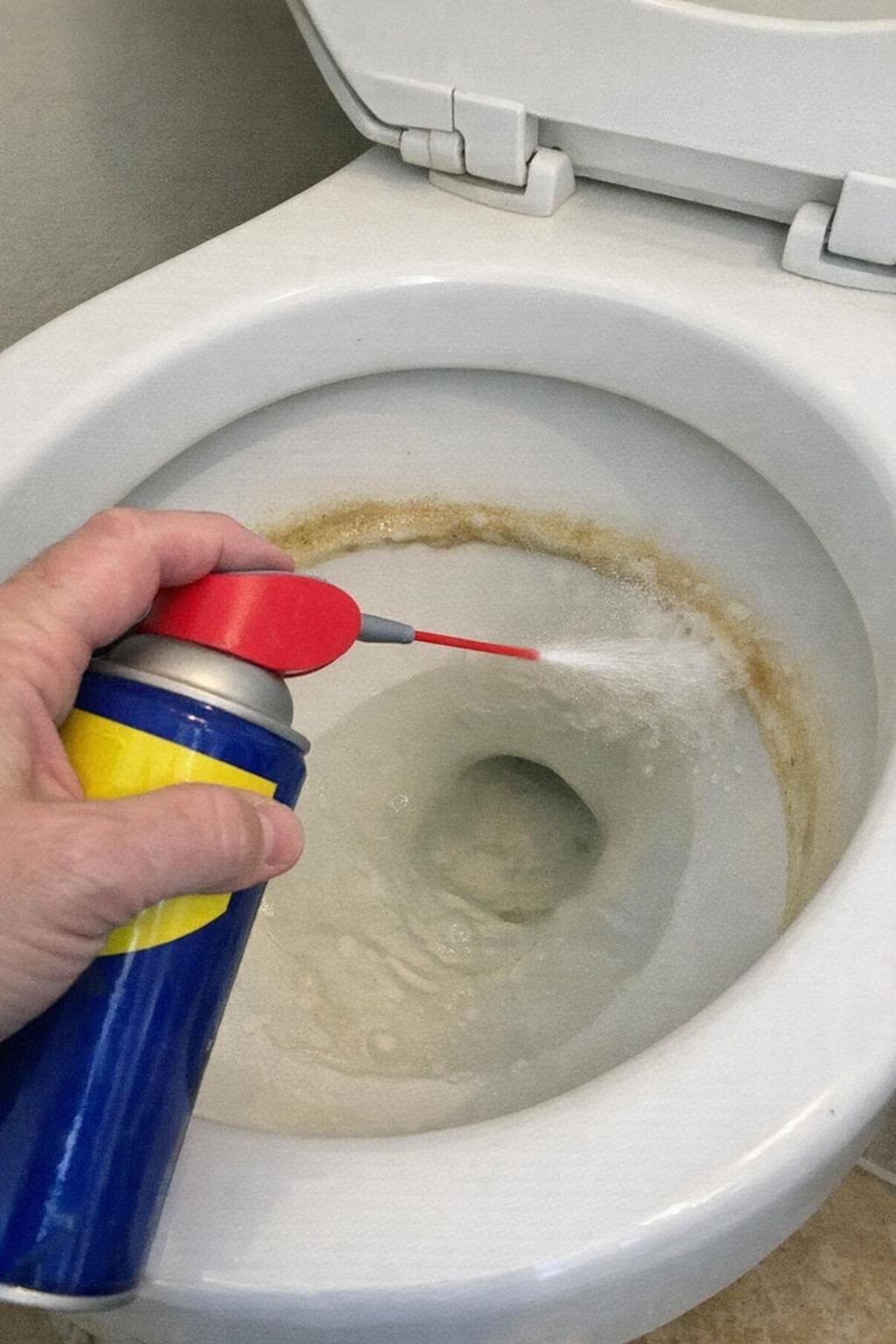 WD-40 sprayed inside a stained toilet bowl at the waterline
