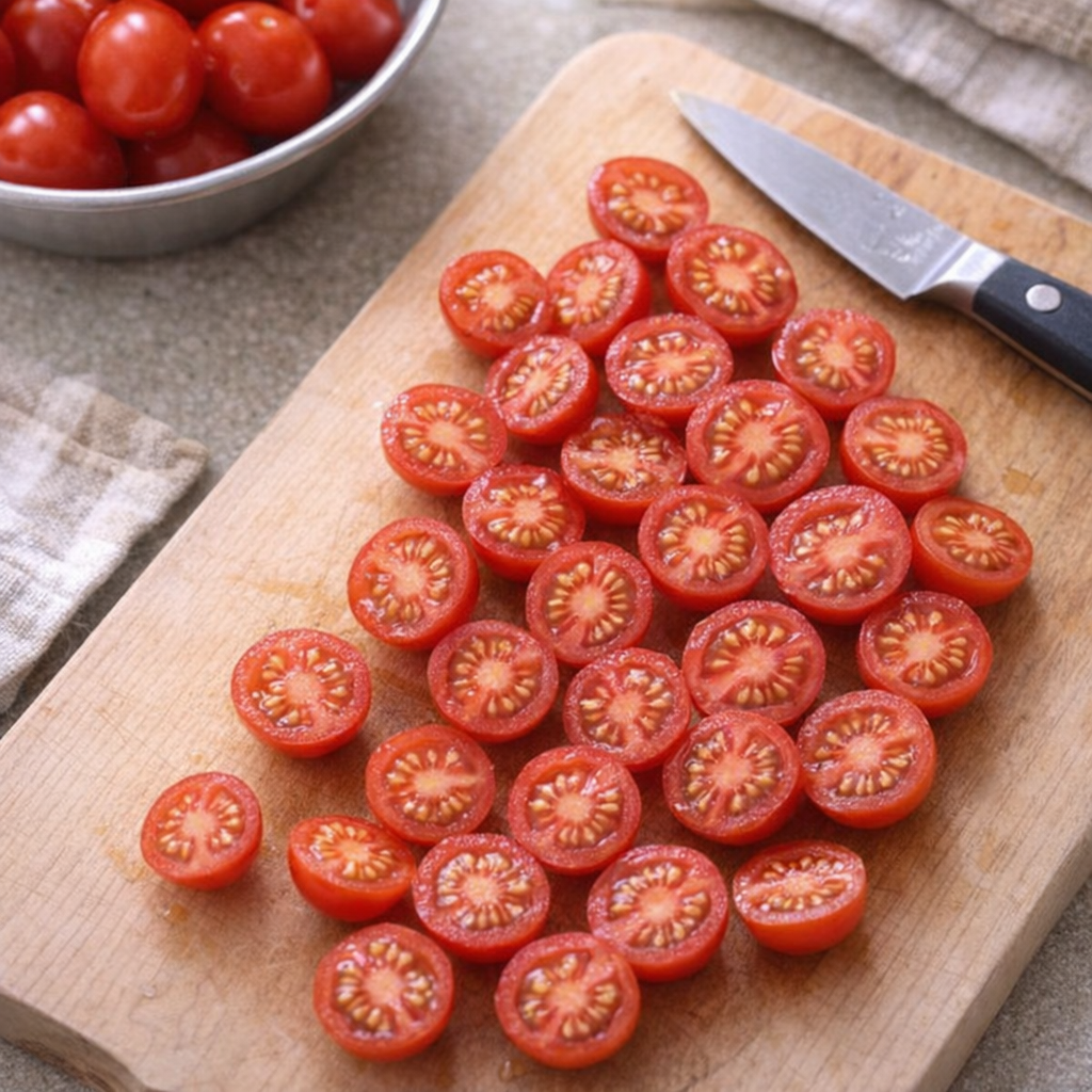 Cherry tomatoes being prepped on a cutting board