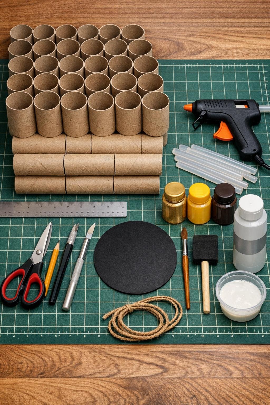 Cardboard tubes, paint, glue, and craft supplies laid out for sunflower wall art