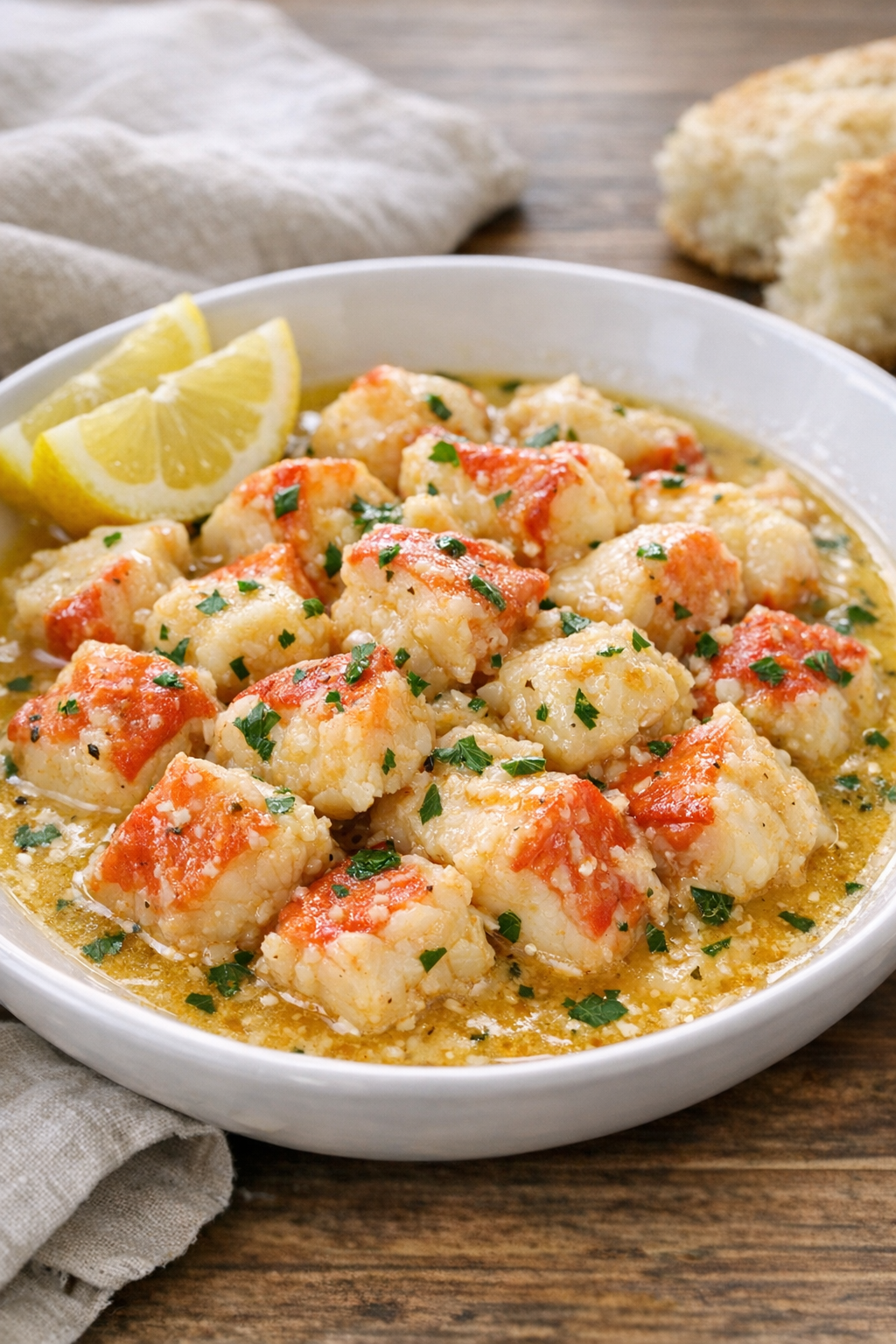 Finished imitation lobster in buttery sauce