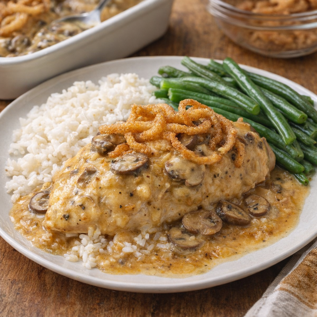 Plated serving of chicken royale with rice and green beans