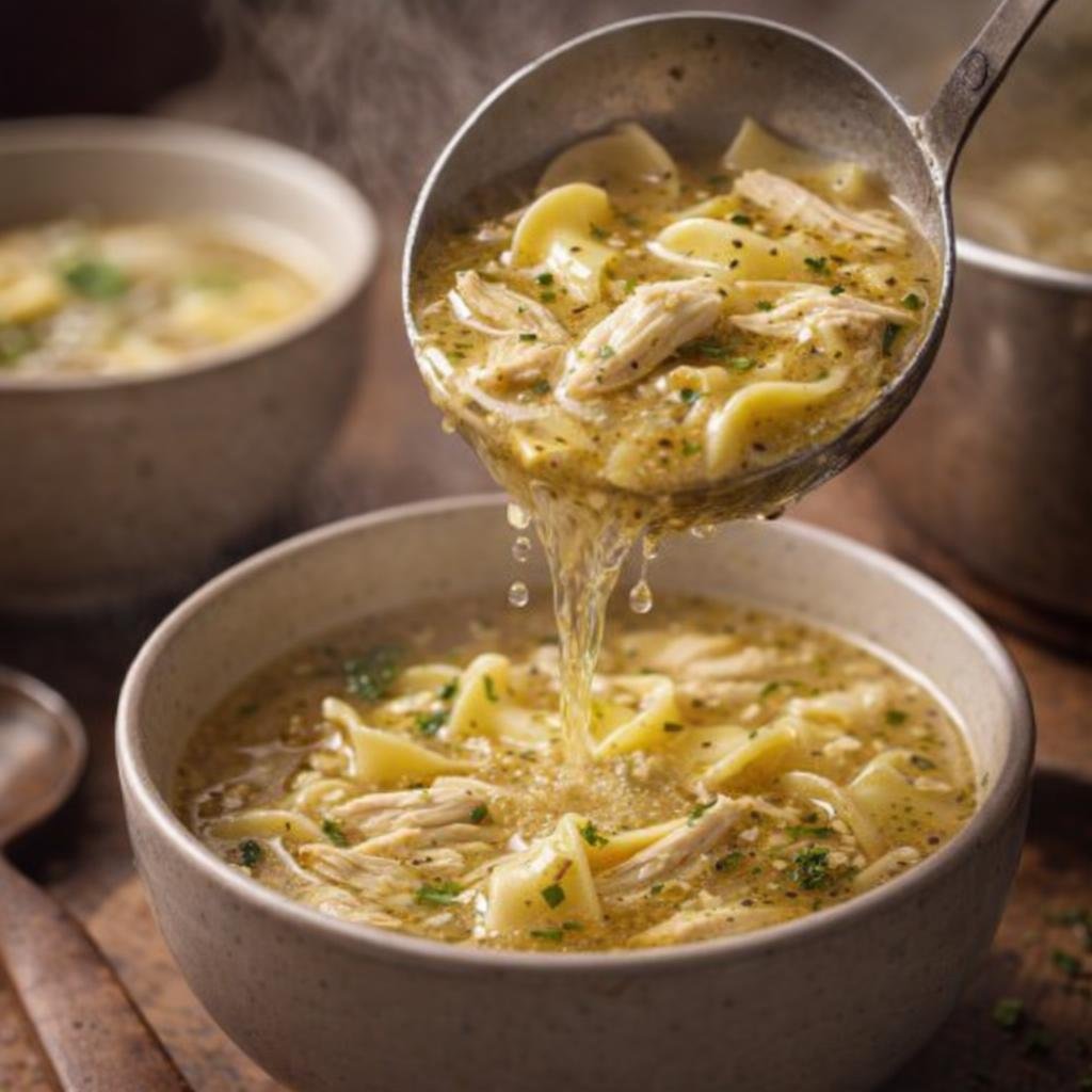 Chicken noodle soup being ladled into serving bowls