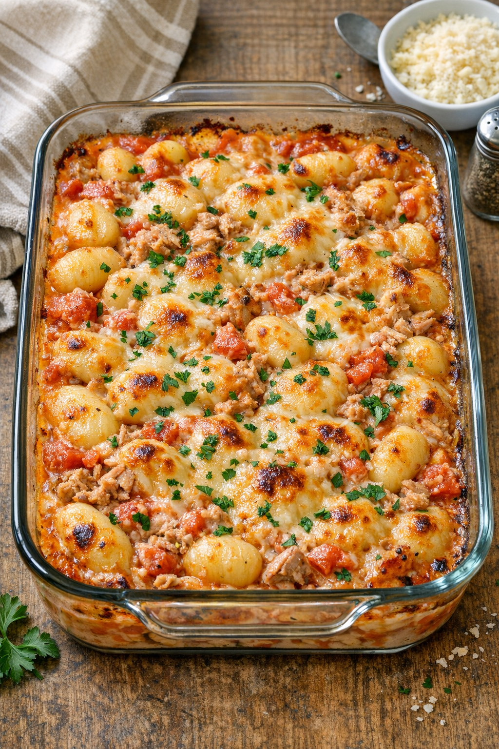 Baked tuna and gnocchi casserole in a glass baking dish